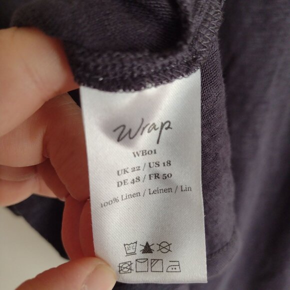 Wrap London Linen Blouse US 18 Relaxed Fit Gray Peasant Top w Embroidery - Picture 2 of 8